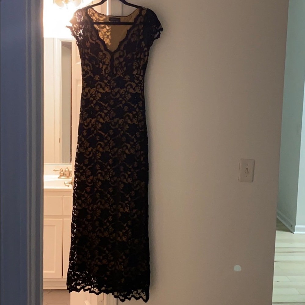 Black Lace maxi dress tan underlay